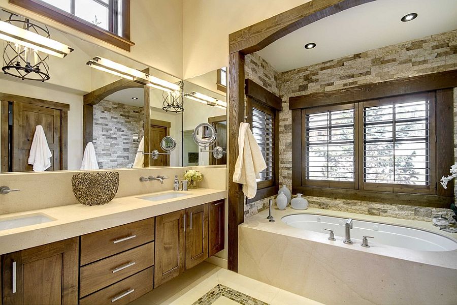 Custom bathtub niche in stone with a lovely wooden frame [Design: Slifer Designs]