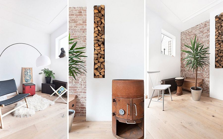 Decor, exposed brick walls and stacked firewood bring contrasting textures to the smart, revamped Dutch home