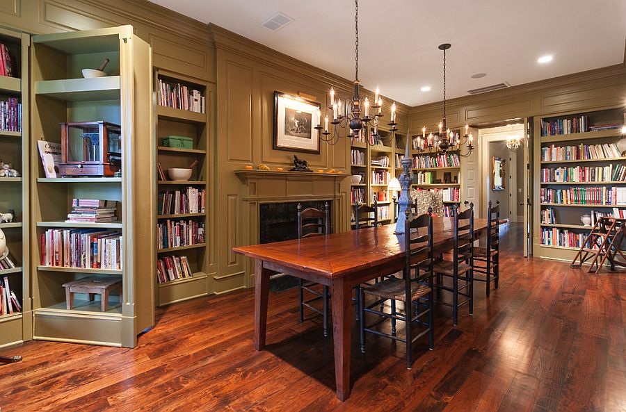 bookshelf decor in dining room