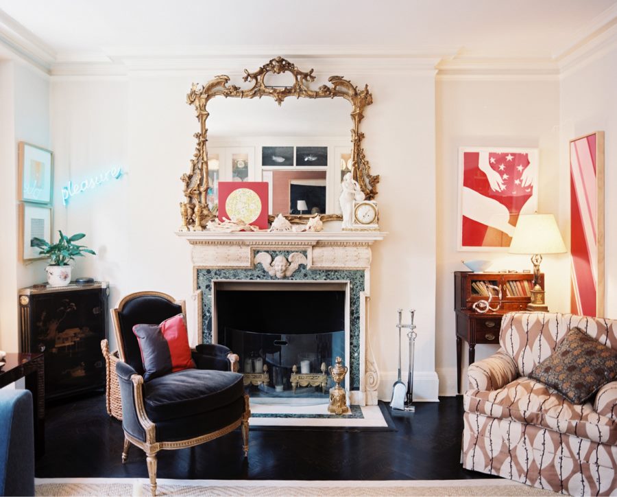 Eclectic living room with a traditional marble fireplace