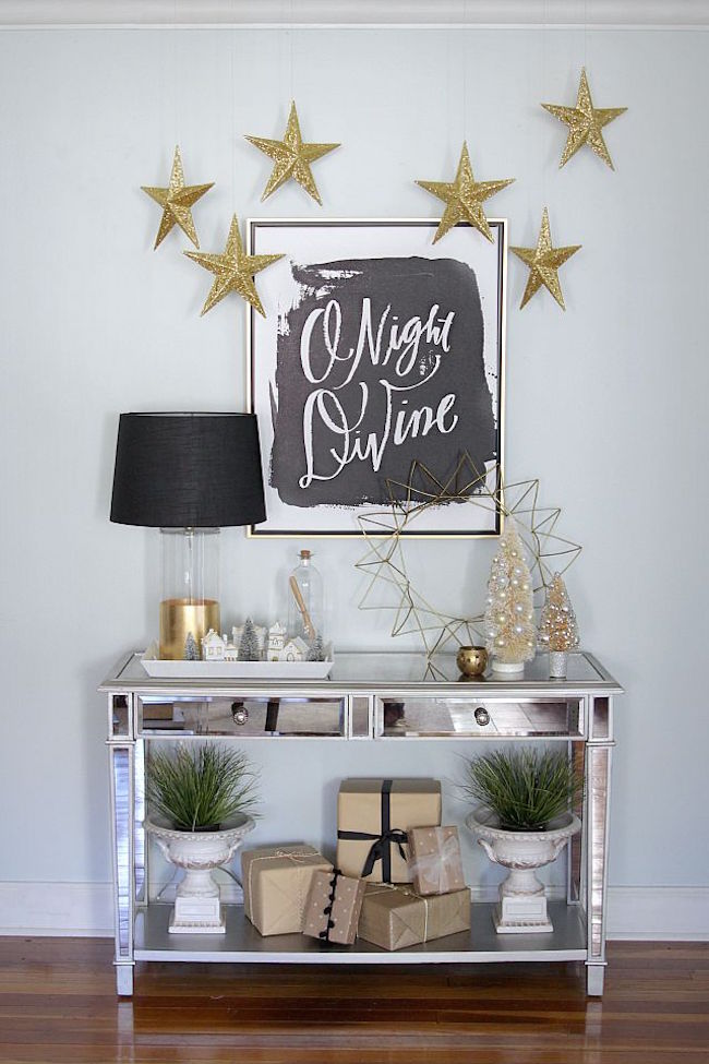 Entryway table decorated for the holidays