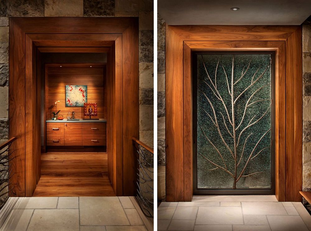 Exquisite custom doors add to the charm of the mountain retreat
