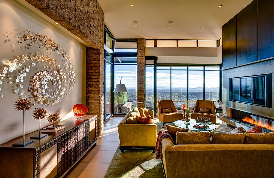 Fabulous living room offers a great view of the city and the distant mountain ranges