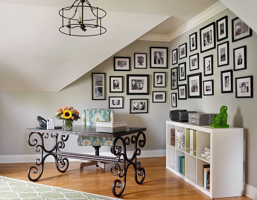 Family photos and a beautiful desk shape this corner home office