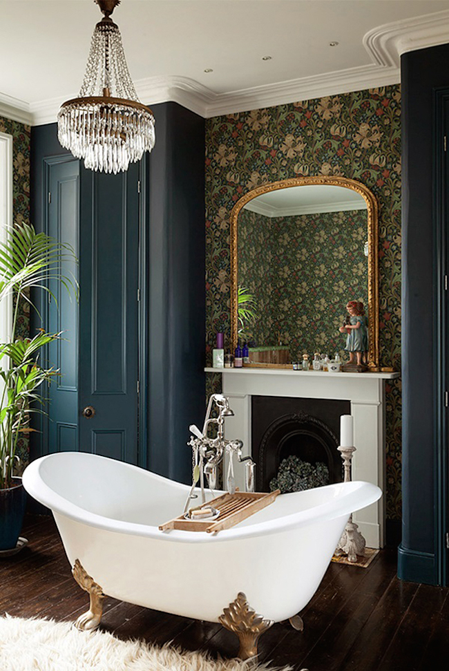 Fireside clawfoot tub in a Victorian home