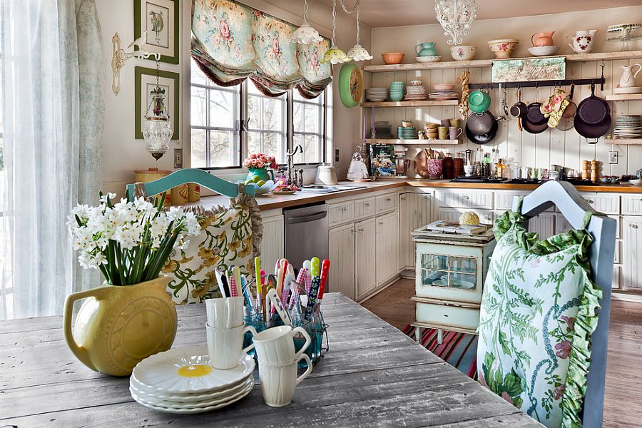 Flea market finds combined with beautiful layout and open shelving creates a gorgeous kitchen