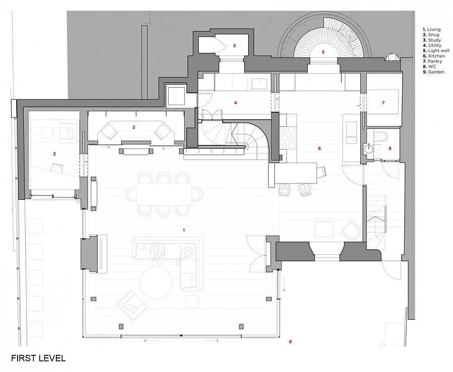 Floor plan of lower level of the revamped London Residence