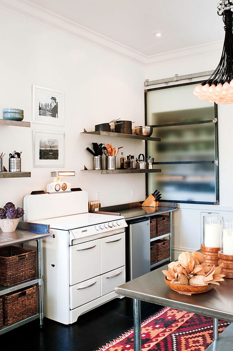 Frosted glass cabinet door rolls in a hint of modernity into the shabby chic kitchen