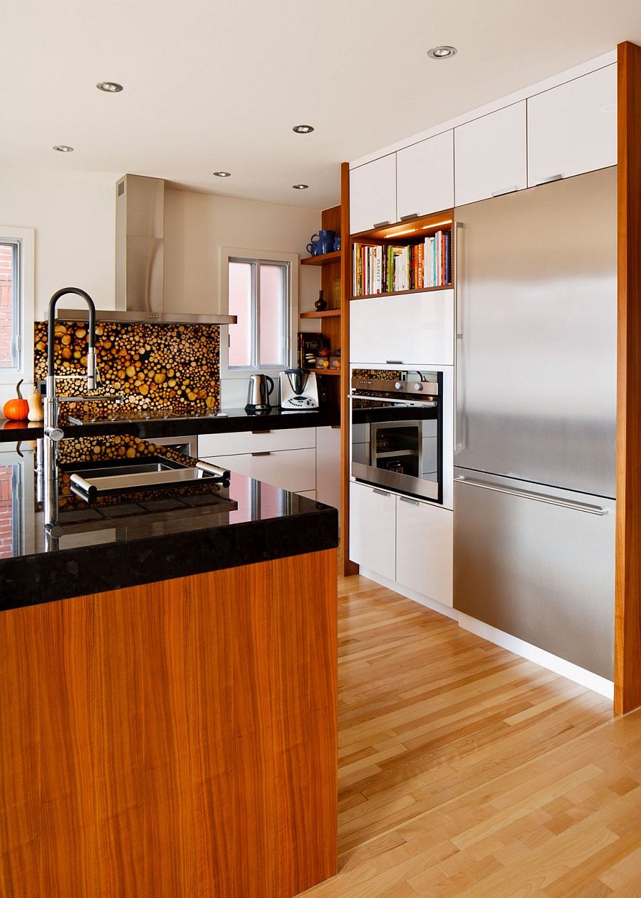 Fun kitchen backsplash in yellow and black steals the show