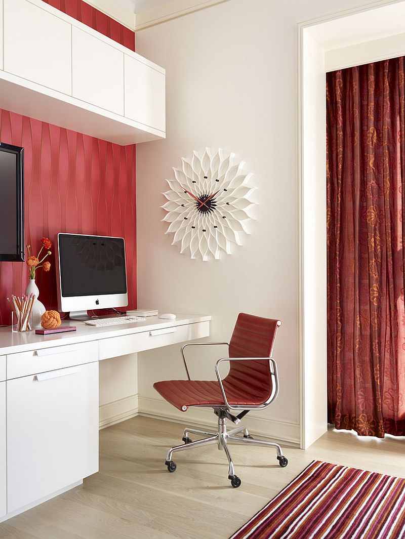 Fusion in Rose wallpaper, chair and the curtain in the backdrop add red to the home office [Design: Jessica Lagrange Interiors]