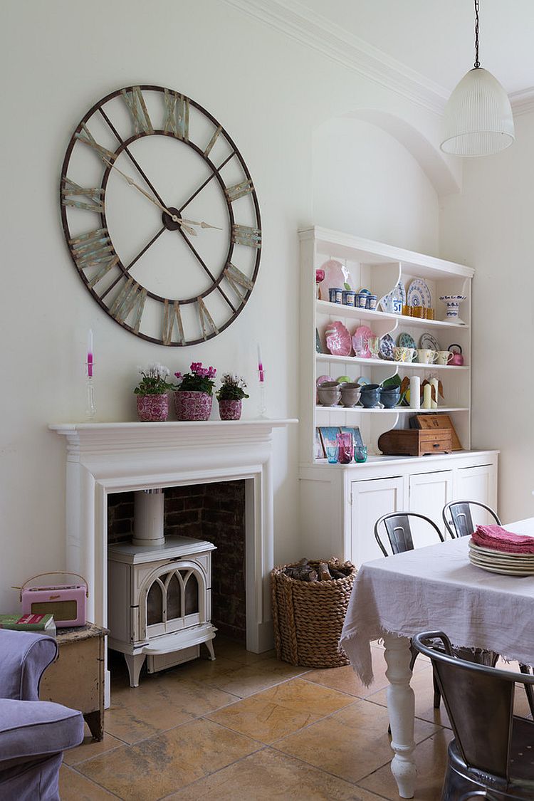 Giant wall clock and corner hutch add personality to this dining room