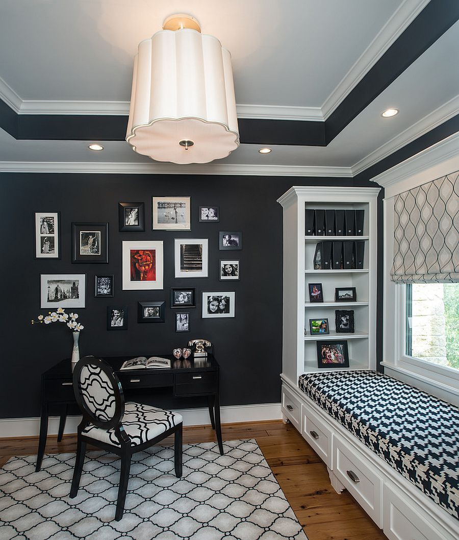 Gorgeous black and white home office with window seat and a craft closet [From: Laura Manchee Designs /Photography: Miro Dvorscak]