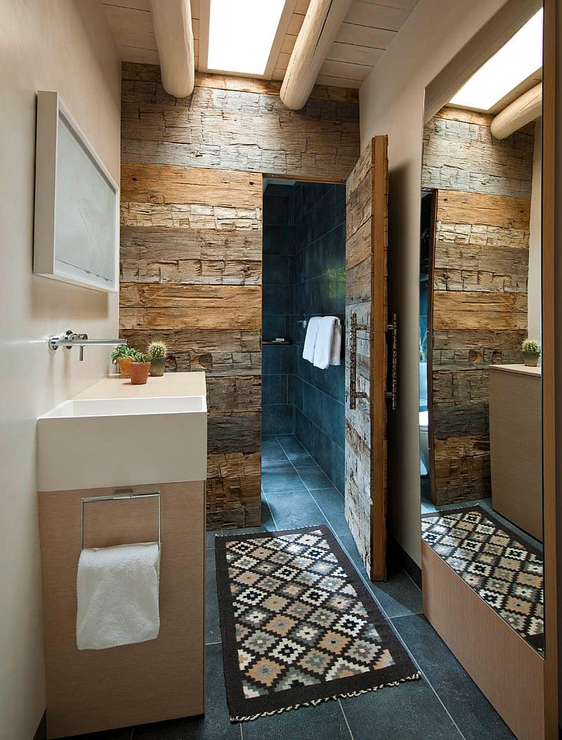 Hard to miss the magic of reclaimed wood in this space-conscious bathroom! [Design: R Brant Design]