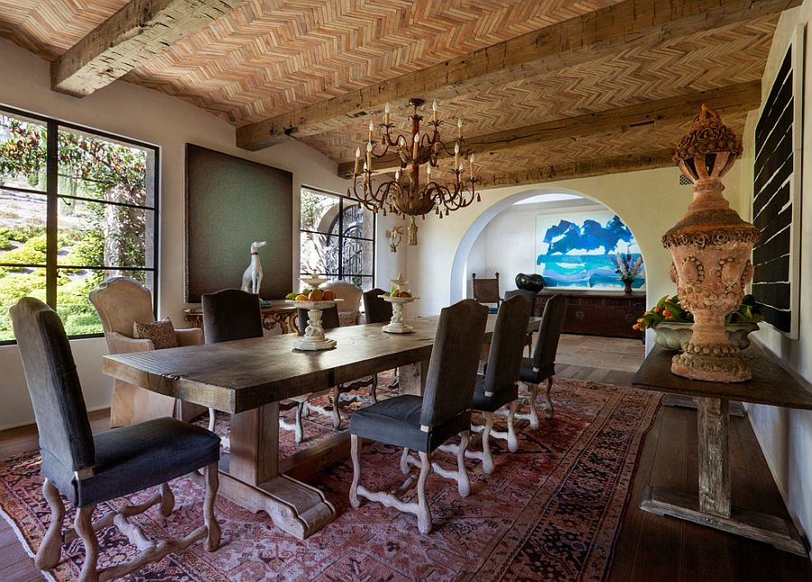 Herringbone pattern terra-cotta brickettes ceiling takes the dining room visual to a whole new level