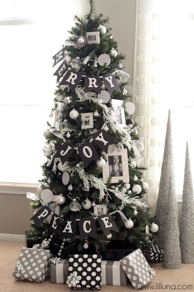 Holiday banner on a Christmas tree