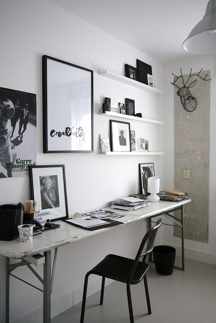 Industrial home office features a sleek desk with weathered look [Design: Desiree Vosgesparis]