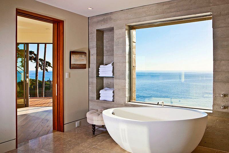 Industrial style bathroom of LA home with ocean view