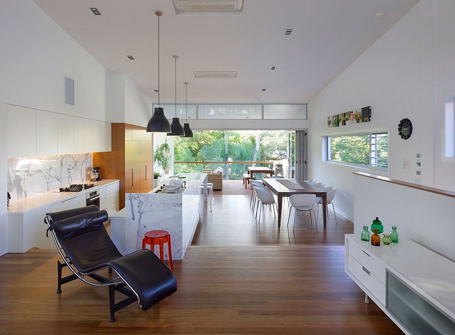 Living area, kitchen, dining space and family zone connected as one inside the lovely Aussie home