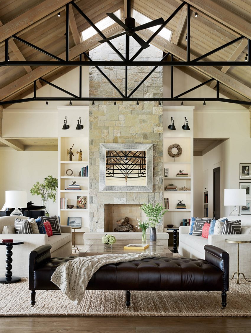 Living room spotlights on ceiling trusses