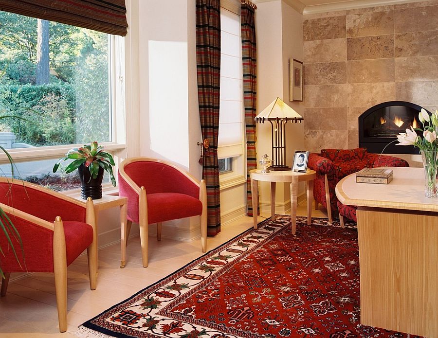 Lovely rug binds together the various elements in the eclectic home office