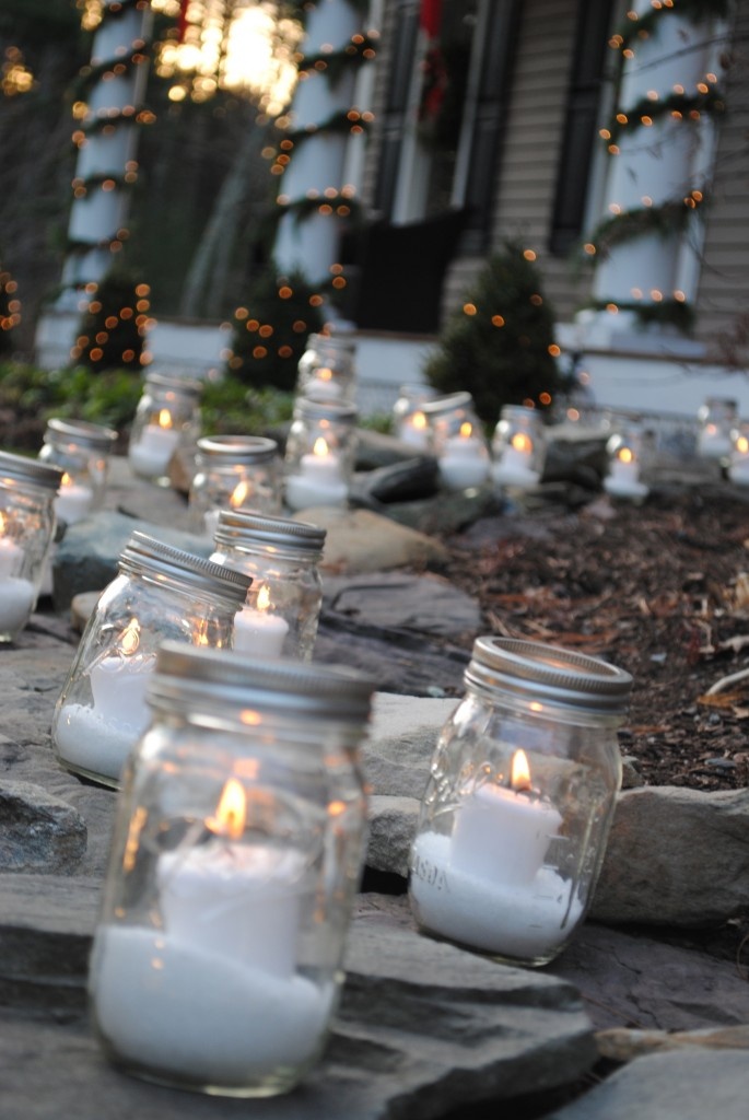 Mason jars with candles and epsom salt for snow