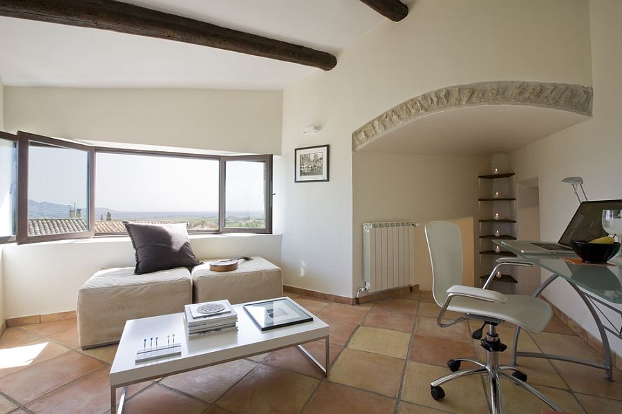 Mediterranean home office with Terracotta flooring and radiant heating