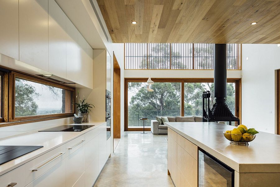 Modern kitchen with a view of the lovely landscape outside