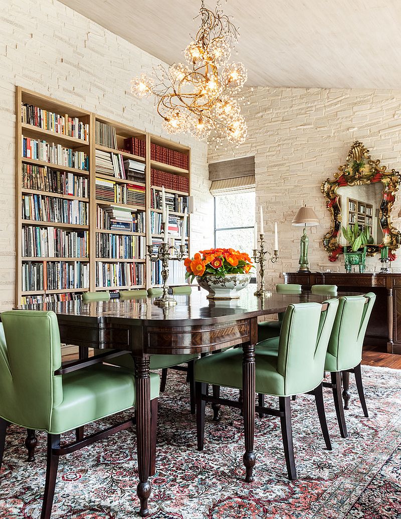 Modern mediterranean dining room with large bookshelves