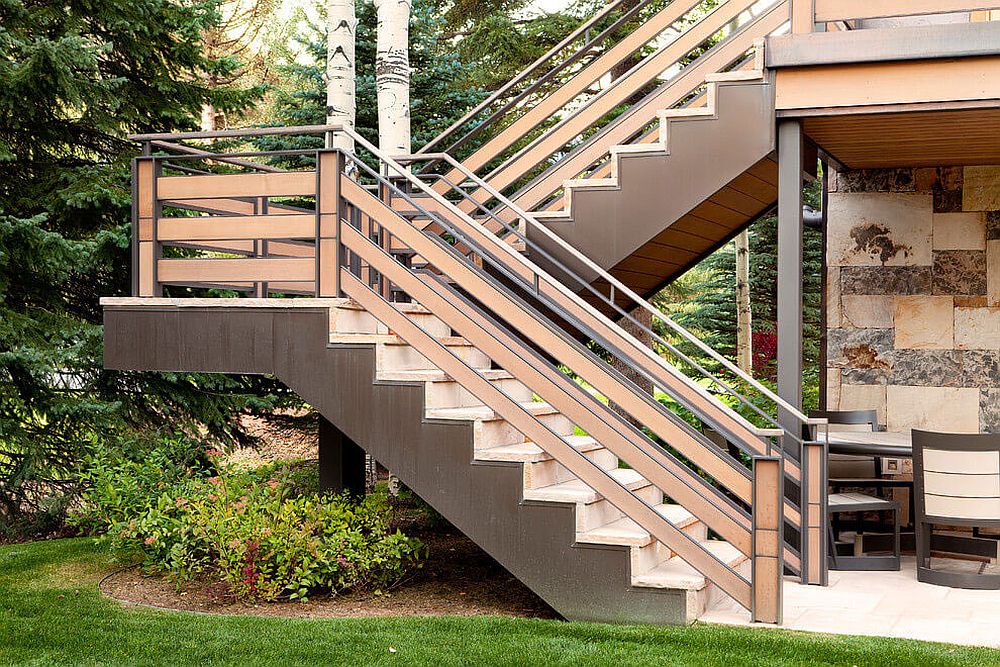 Modern staircase in steel and stone outside the fabulous Colorado home