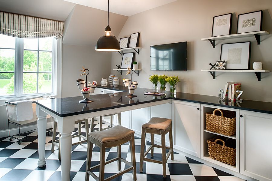 Multipurpose home office design with unique table and quartz countertop [Design: Studio M Interiors]