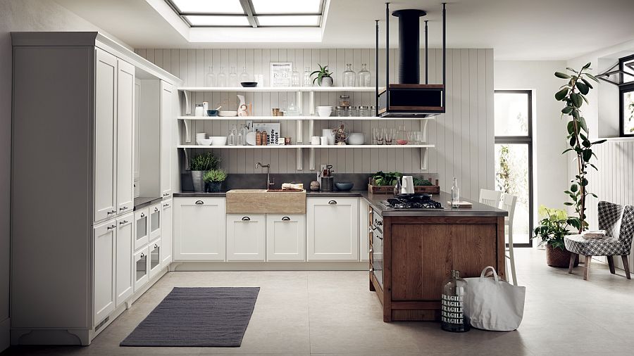 Natural beauty of the woodsy kitchen island stands in contrast with the refined backdrop