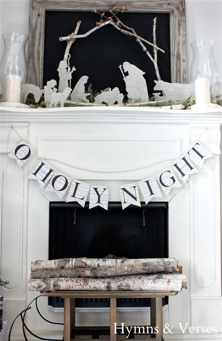 O Holy Night banner over fireplace