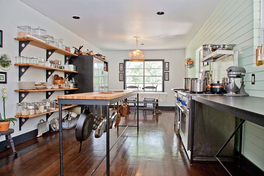 Open shelves and kitchen island provide ample storage space in this elegant kitchen [Design: Sarah Natsumi Moore]