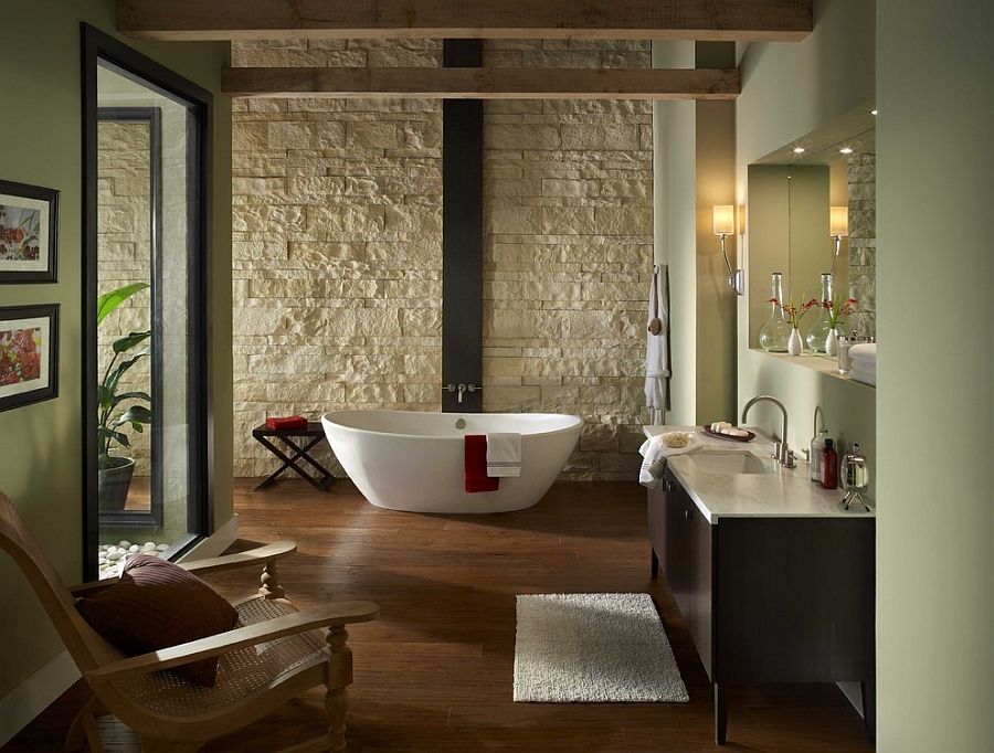 Oyster Cut Coarse Stone shapes the fabulous backdrop in this Zen-styled modern bathroom [Design: Eldorado Stone]