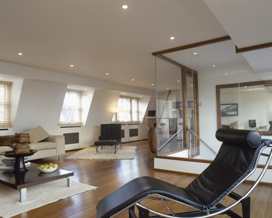 Recessed spotlights in a modern living room