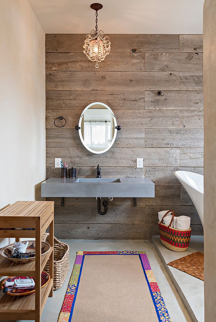 Reclaimed timber wall brings inviting warmth to the modern bathroom