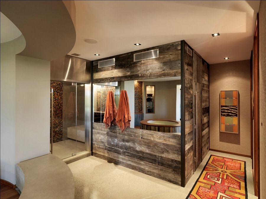 Reclaimed timber walls create a fabulous modern-rustic bathroom