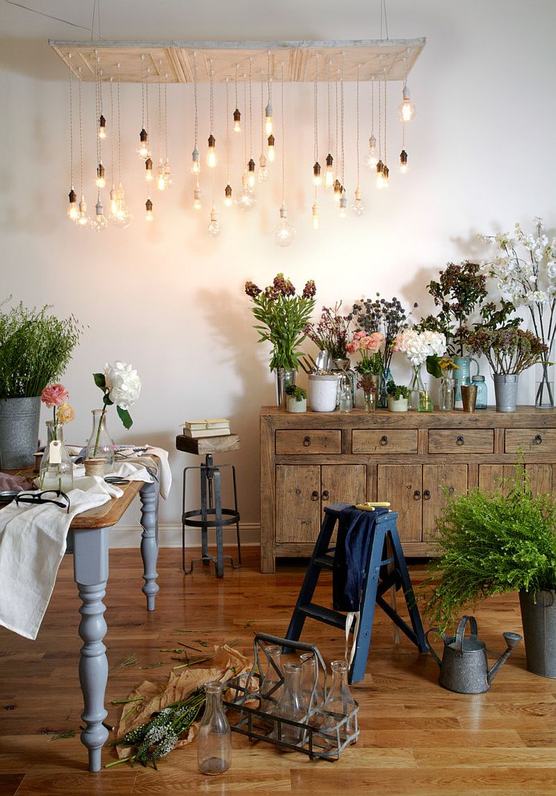 Reclaimed ceiling tins turned into a fascinating chandelier with Edision bulbs [Design: Urban Chandy]