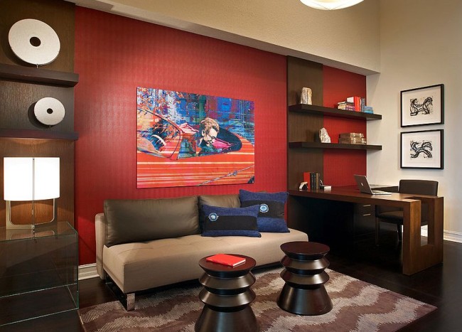 20 Home Offices That Turn To Red For Energy And Excitement Decoist   Red Accent Wall In The Contemporary Home Office 650x467 