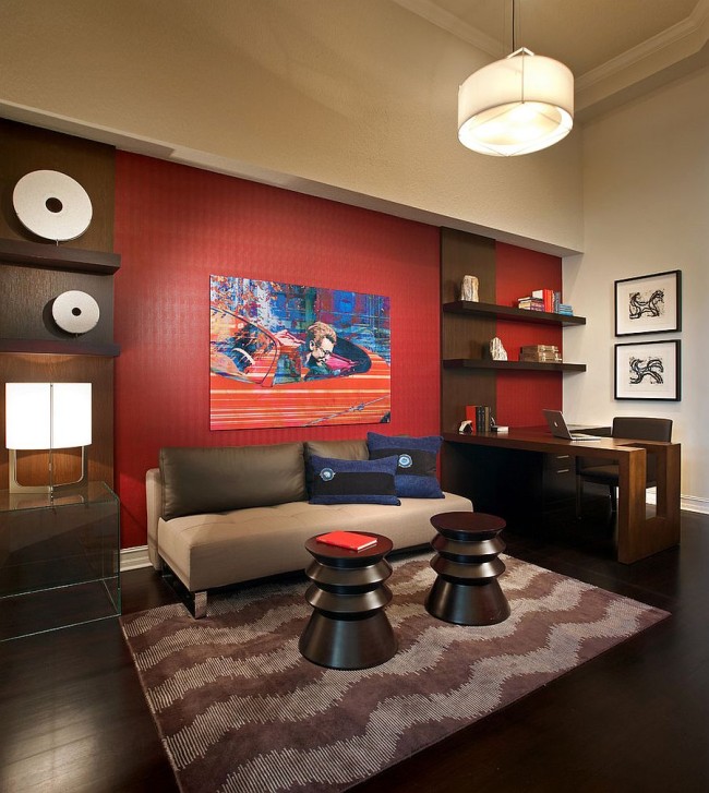 20 Home Offices That Turn To Red For Energy And Excitement Decoist   Red Accent Wall In The Contemporary Home Office 650x727 