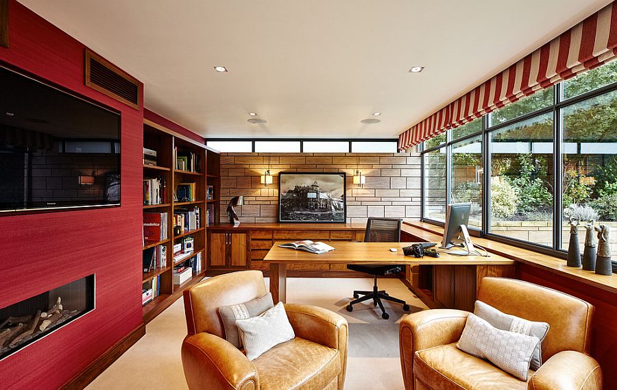 Red wall brings color and texture to the home office [Design: Horton & Co.]