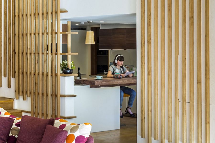 Renovated interior of the Hampstead home with the kitchen flowing into the living area