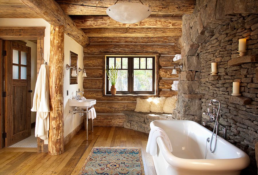 Rustic bathroom in stone and wood with a snug corner bench