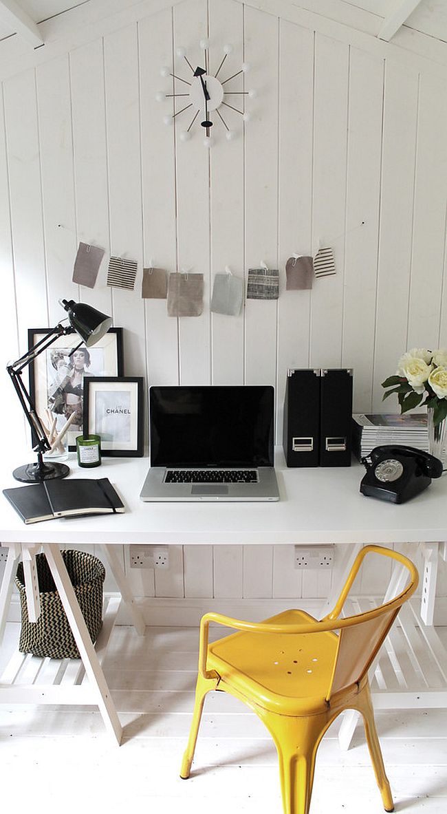 Scandinavian style home office with a dash of yellow! [Design: Owl Design]