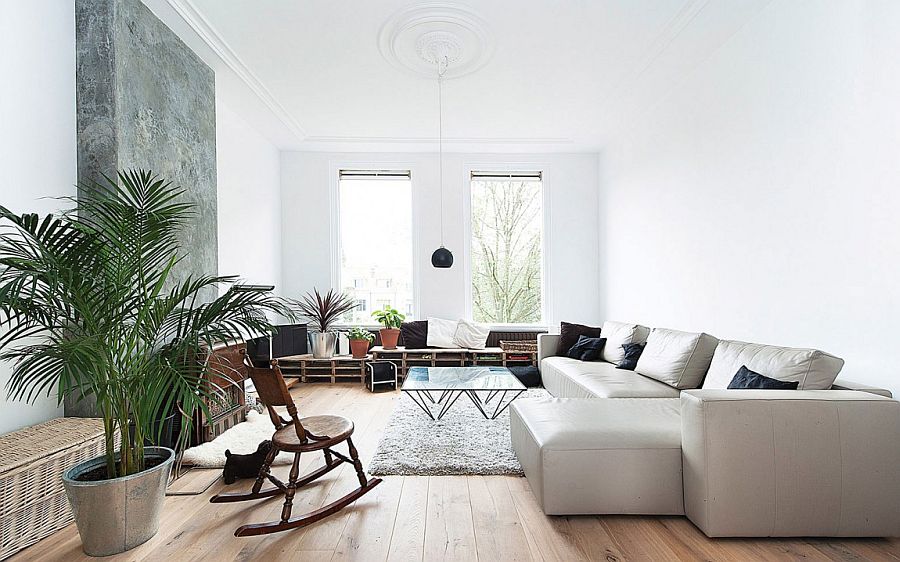 Scandinavian style living room of Dutch apartment in white