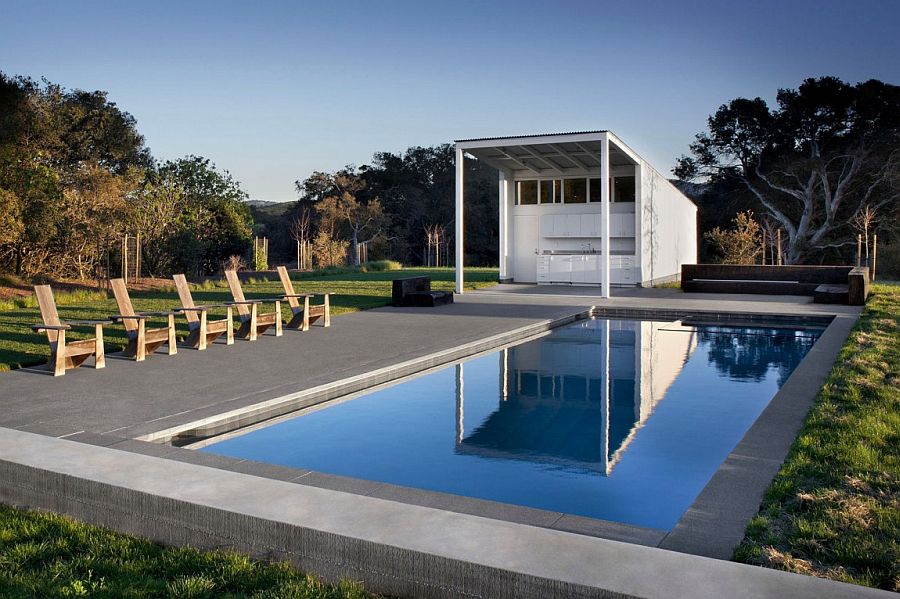 Serene pool area and garden of the Ranch home in Chileno Valley