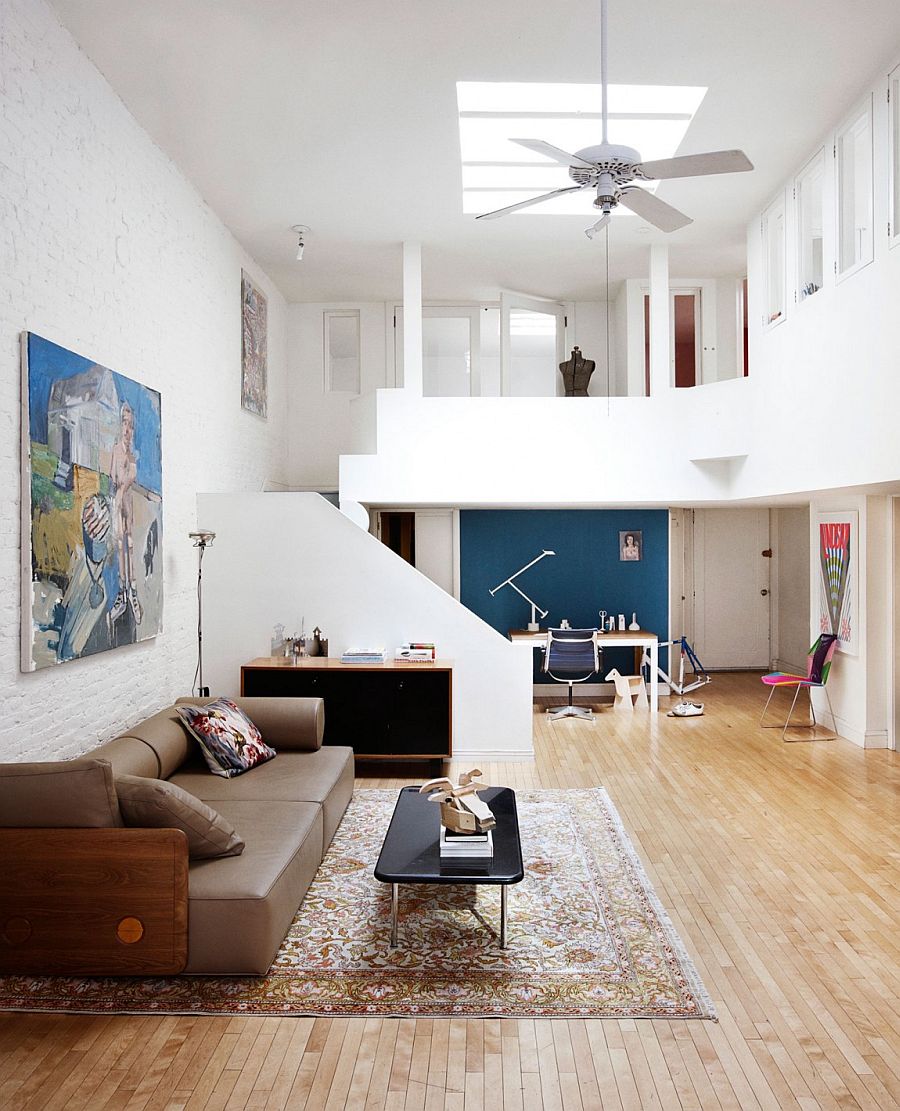 Skylight brings ample natural light into the lower level of the lovely TriBeCa loft