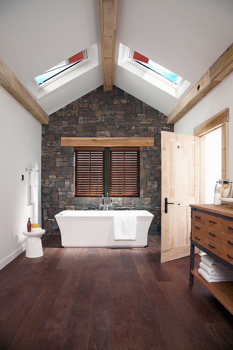 Skylights give the bathroom dramatic visual appeal