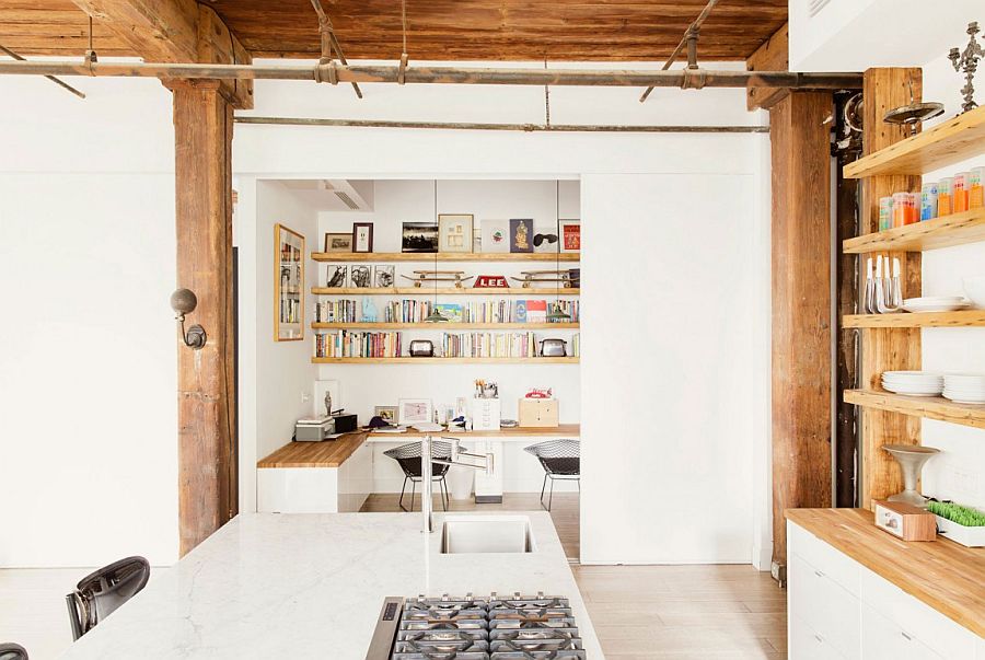 Sliding door connects the home office with the high-end kitchen