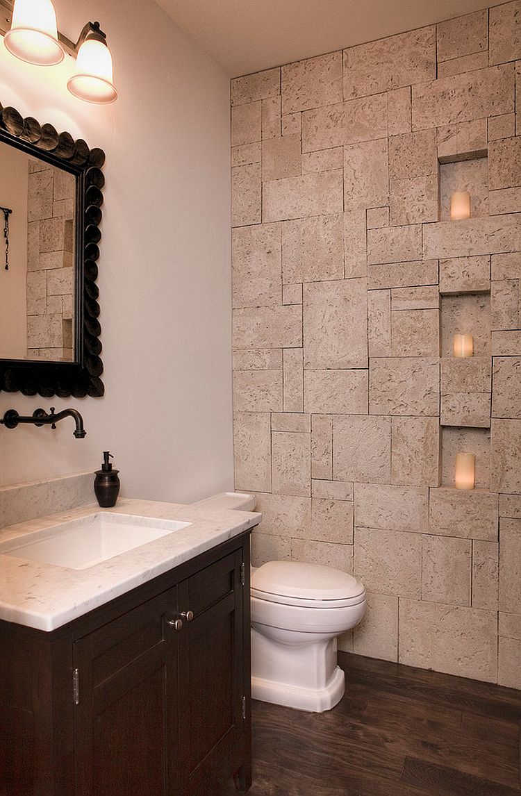 Small bathroom idea with coral stone veneer on the wall [Design: Gary J Ahern, AIA - Focal Point Design]